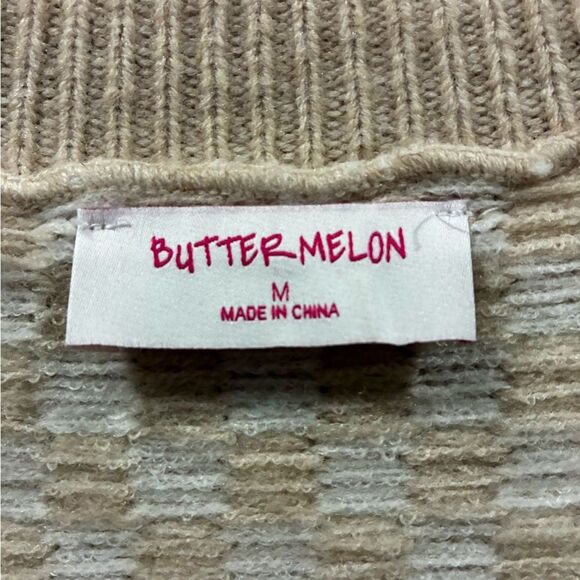 Butter Melon Checkered Knit Sweater Beige Cream V-Neck Oversized M - Picture 3 of 4